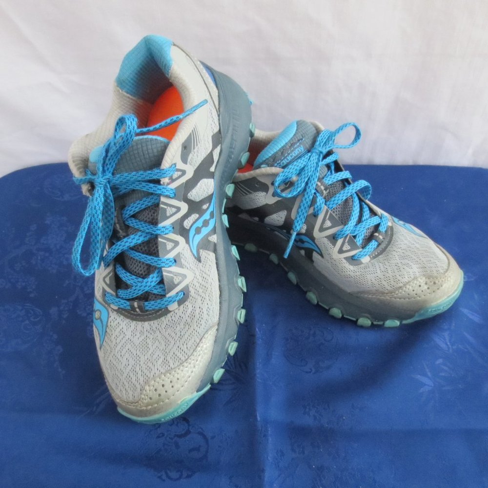 Saucony Shoes Silver Gray Blue Grid Caliber Trail Runner Athletic Women's Size 6